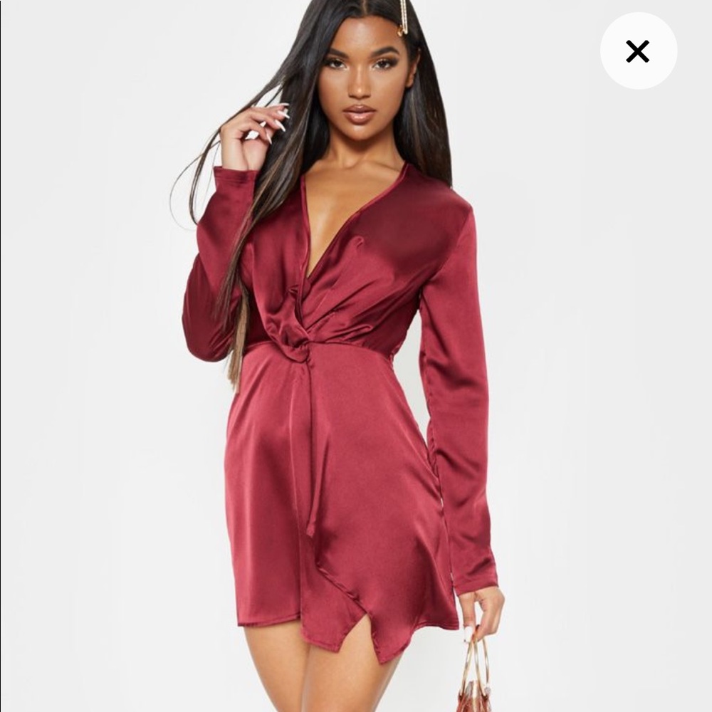 PrettyLittleThing Burgundy Satin Twist Front Long Sleeve Dress